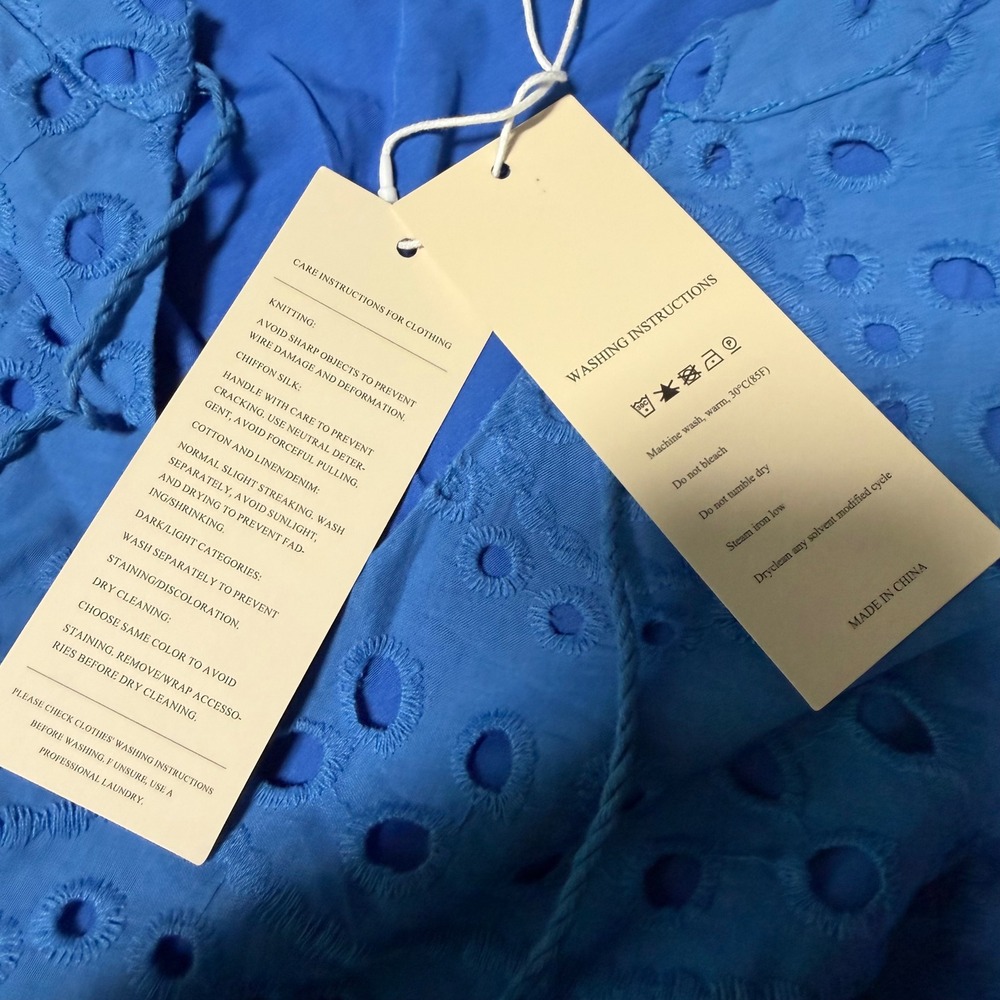 Dokotoo Dress Cotton Eyelet Tassel Tie Long Sleeve Babydoll Boho Mini Blue M - Picture 5 of 8